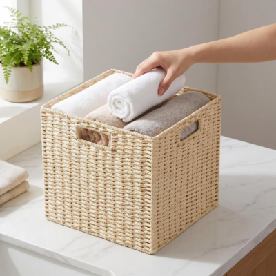Natural Foldable Wire Frame Woven Storage Basket