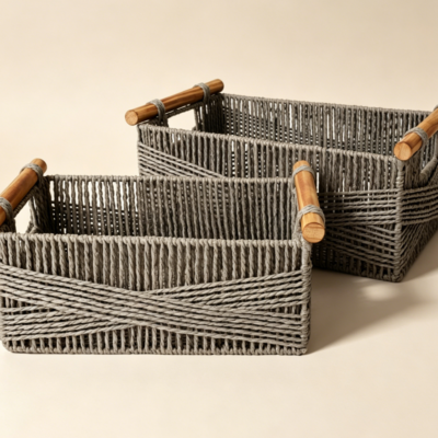 Grey Paper Rope Basket with Wood Handles