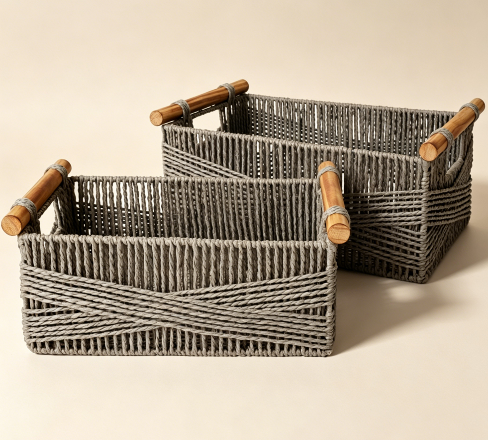 Grey Paper Rope Basket with Wood Handles
