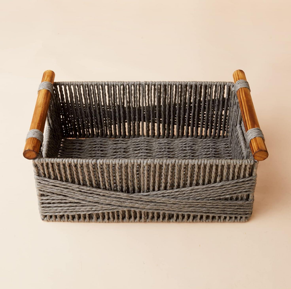 Grey Paper Rope Basket with Wood Handles