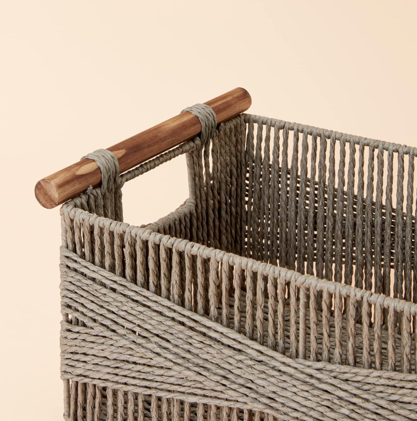Grey Paper Rope Basket with Wood Handles