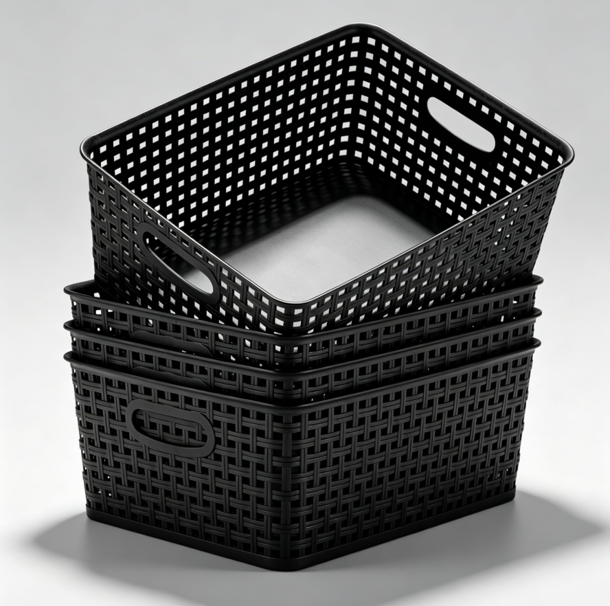 Pack of 4 Black Plastic Storage Baskets