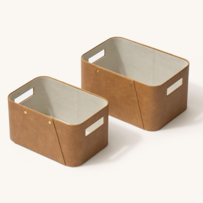 Brown Vegan Leather Cube Storage Boxes