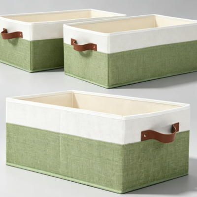 Green Fabric Storage Bins with Leather Handles