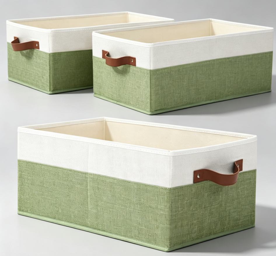 Green Fabric Storage Bins with Leather Handles