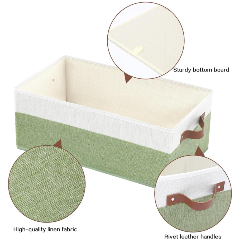 Green Fabric Storage Bins with Leather Handles