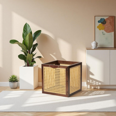 Walnut Rattan Woven Cube Storage Basket