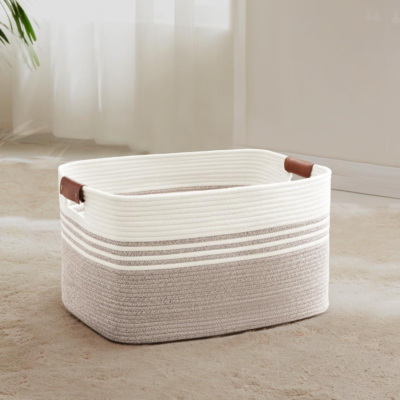 White and Brown 45L Woven Laundry Basket