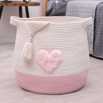 Pink Heart Round Cotton Rope Storage Basket
