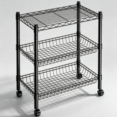 Black 3 Tier Wire Rolling Storage Cart