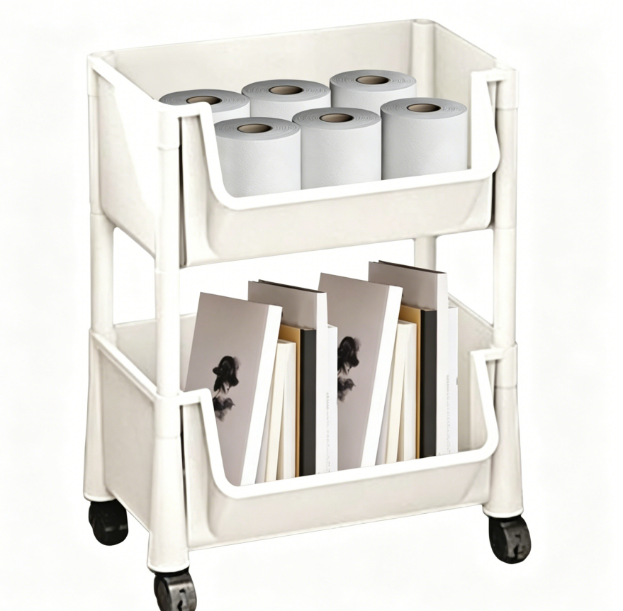 2 Tier White Utility Rolling Cart with Wheels