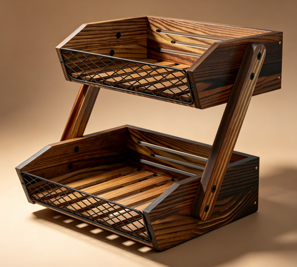 2 Tier Wooden Fruit and Bread Basket Stand