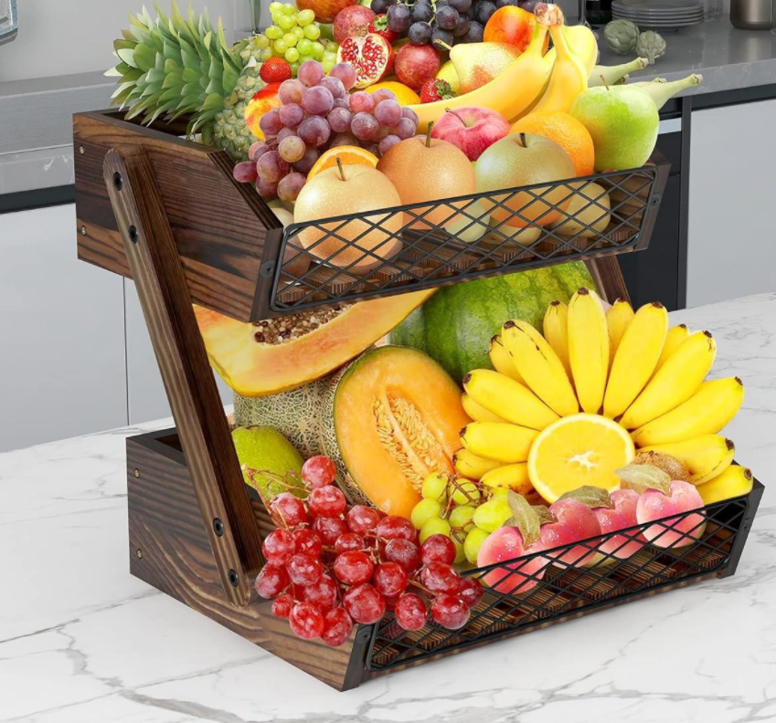 2 Tier Wooden Fruit and Bread Basket Stand