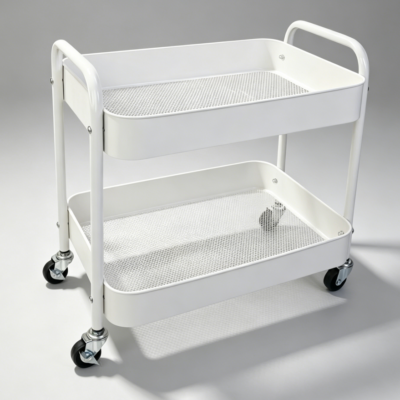 White 2 Tier Metal Rolling Cart with Hooks
