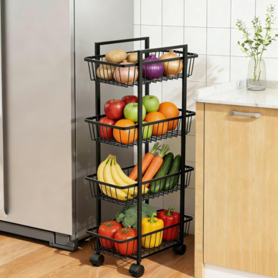 Black 4 Tier Rolling Fruit Vegetable Cart