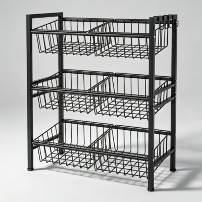 Black 3 Tier Metal Basket with 6 Baskets