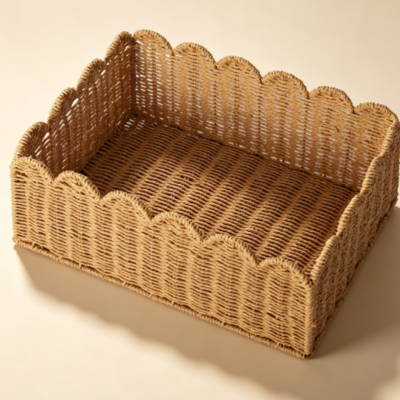 Medium Handwoven Wicker Scalloped Shelf Basket
