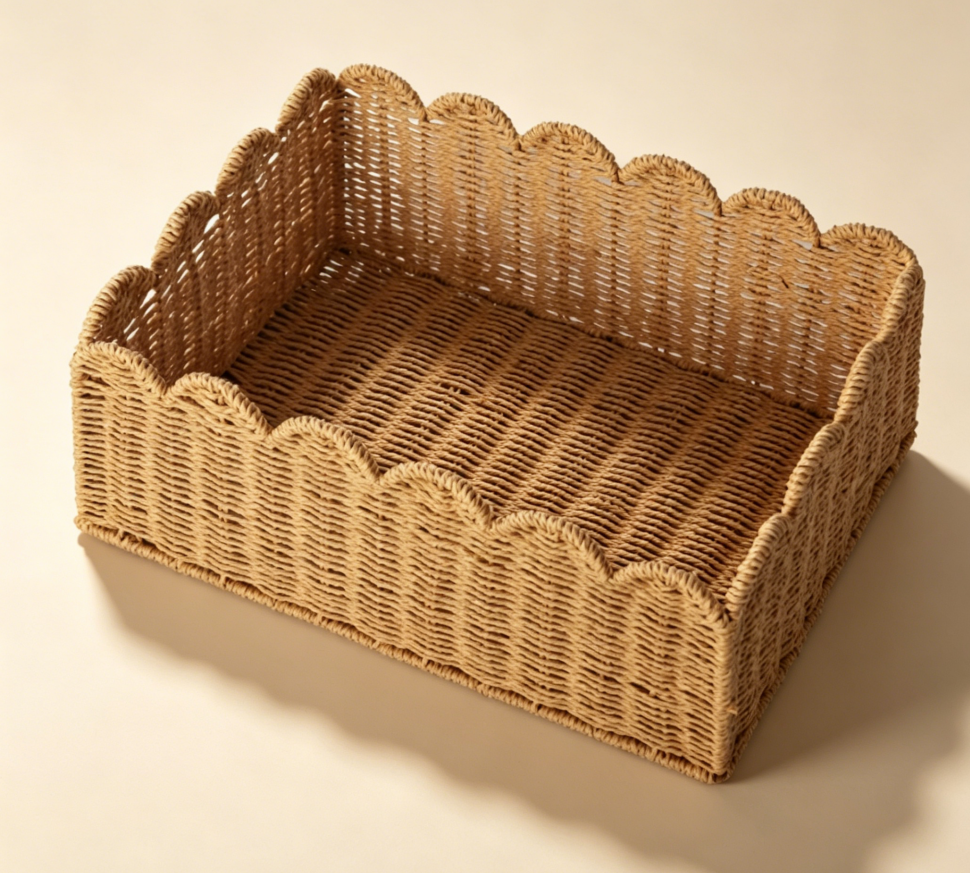 Medium Handwoven Wicker Scalloped Shelf Basket