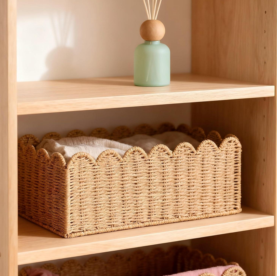 Medium Handwoven Wicker Scalloped Shelf Basket