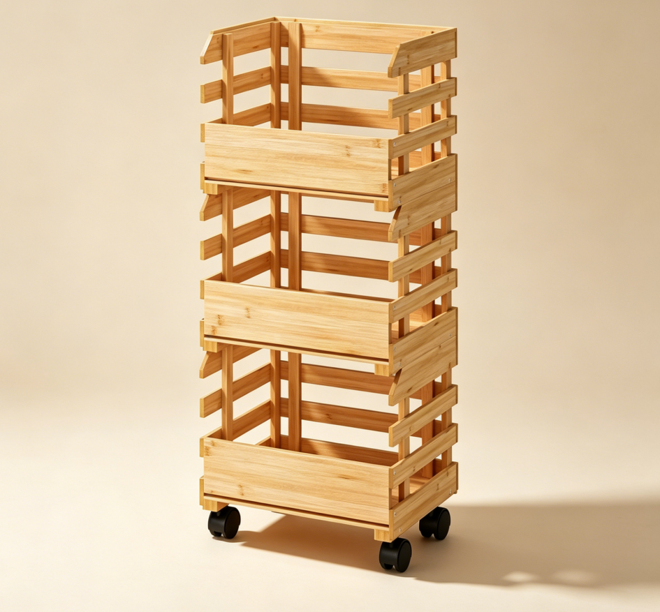 Bamboo 3 Tier Fruit Basket Cart with Wheels