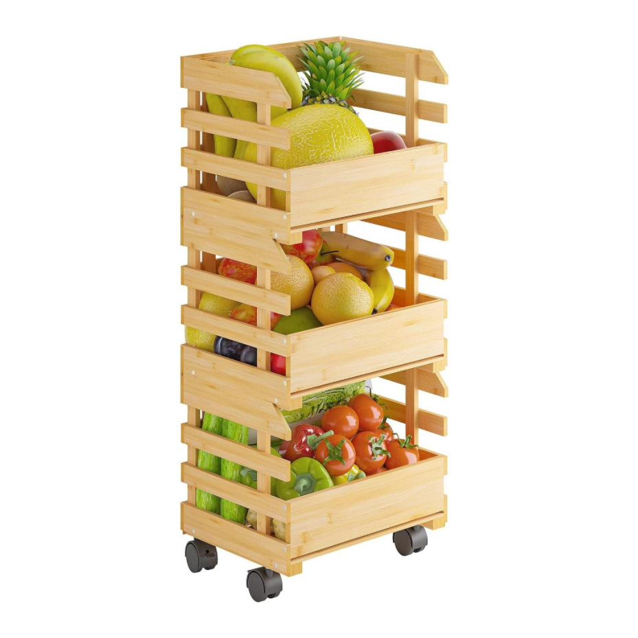 Bamboo 3 Tier Fruit Basket Cart with Wheels